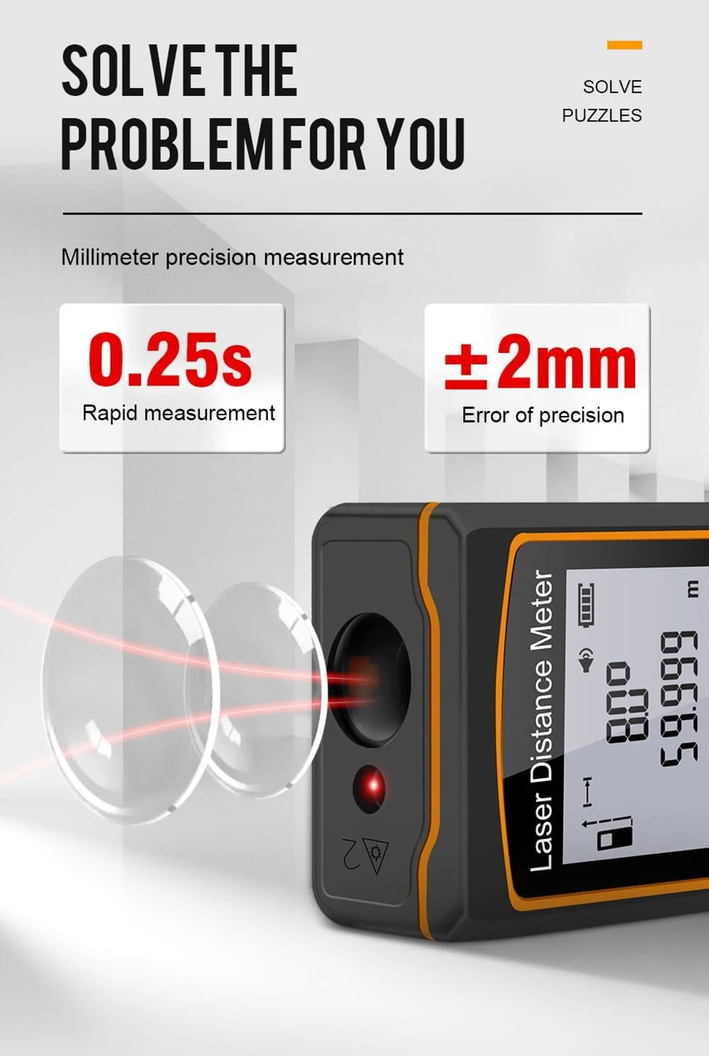 متر لیزری Domary، 60 متر / 197 فوت، ابزار اندازه گیری دیجیتال قابل حمل با سنسور زاویه الکترونیکی، تعویض واحد m/ft/in، اندازه گیری فاصله/مساحت/حجم/فیثاغورث