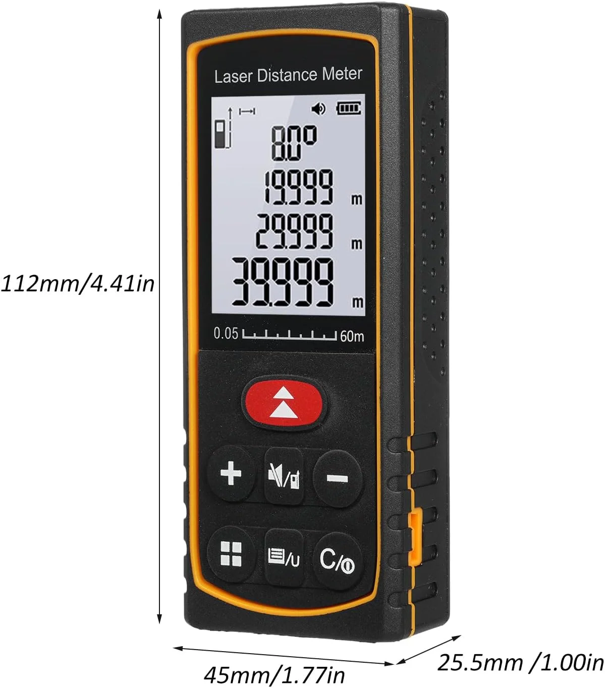 متر لیزری Domary، 60 متر / 197 فوت، ابزار اندازه گیری دیجیتال قابل حمل با سنسور زاویه الکترونیکی، تعویض واحد m/ft/in، اندازه گیری فاصله/مساحت/حجم/فیثاغورث