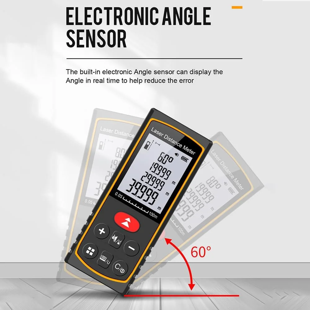متر لیزری Domary، 60 متر / 197 فوت، ابزار اندازه گیری دیجیتال قابل حمل با سنسور زاویه الکترونیکی، تعویض واحد m/ft/in، اندازه گیری فاصله/مساحت/حجم/فیثاغورث