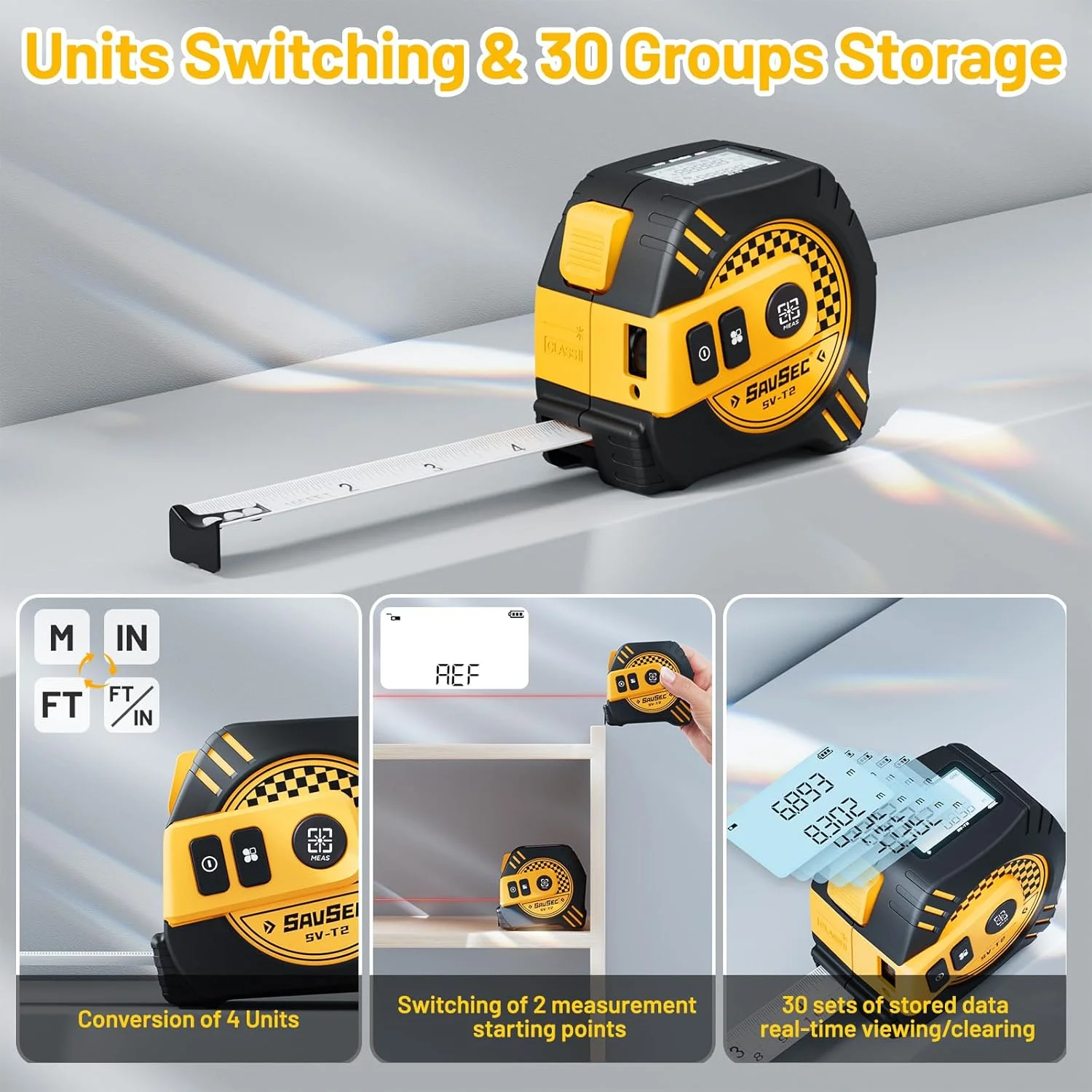 متر لیزری 2 در 1 SAVSEC با شارژ Type-C، متر لیزری 40 متری و متر جمع شونده 5 متری، اندازه گیری فیثاغورث، مساحت، حجم با واحدهای قابل تغییر فوت/اینچ/متر/سانتی متر