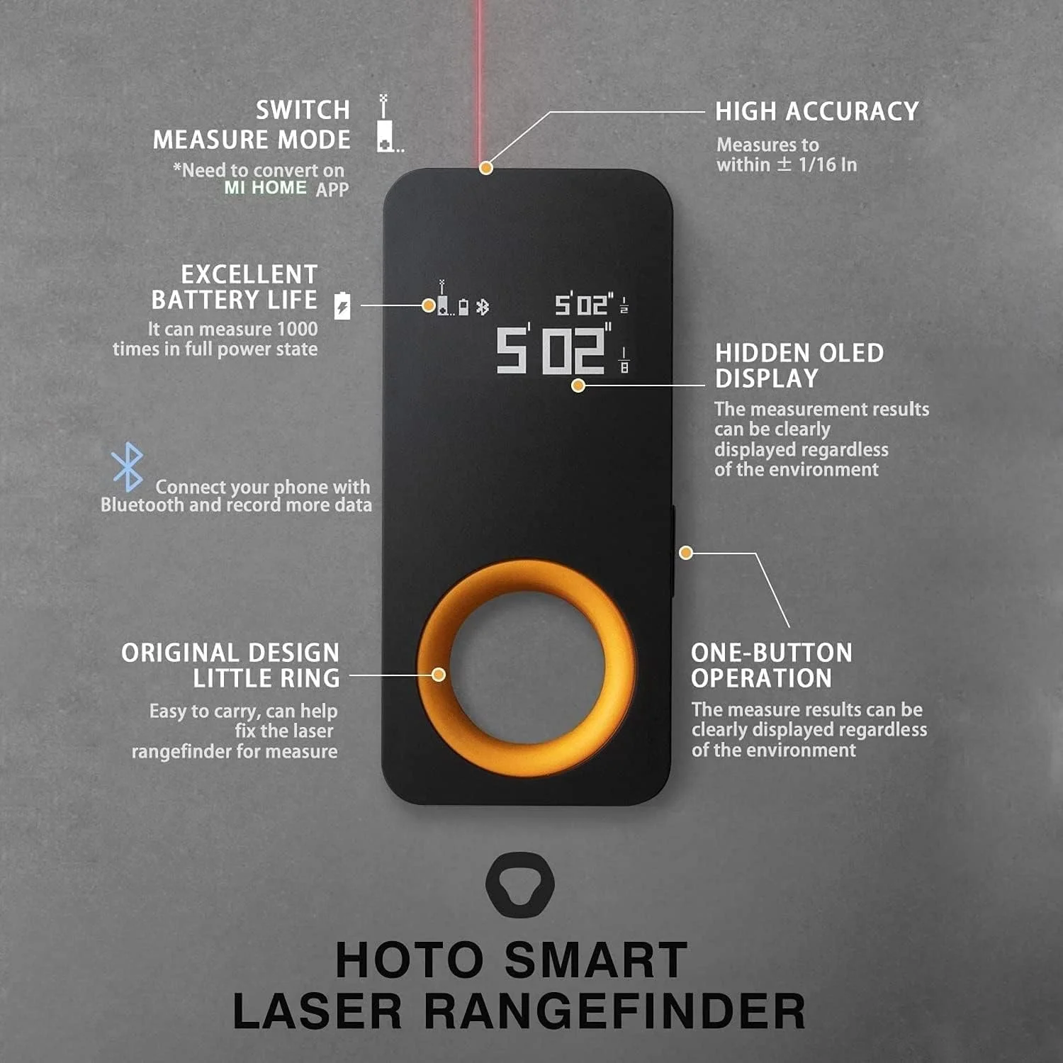 متر لیزری دستی قابل حمل HOTO، ابزار اندازه گیری دیجیتال لیزری، نوار اندازه گیری مساحت و حجم با تراز لیزری و فاصله یاب LED