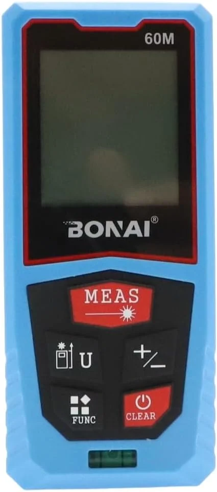 متر لیزری بُنای با 1 تراز حبابی، قابلیت تغییر واحد به متر/اینچ/فوت، صفحه نمایش LCD با نور پس زمینه، حالت فیثاغورس، محاسبه مساحت و حجم، 60 متر
