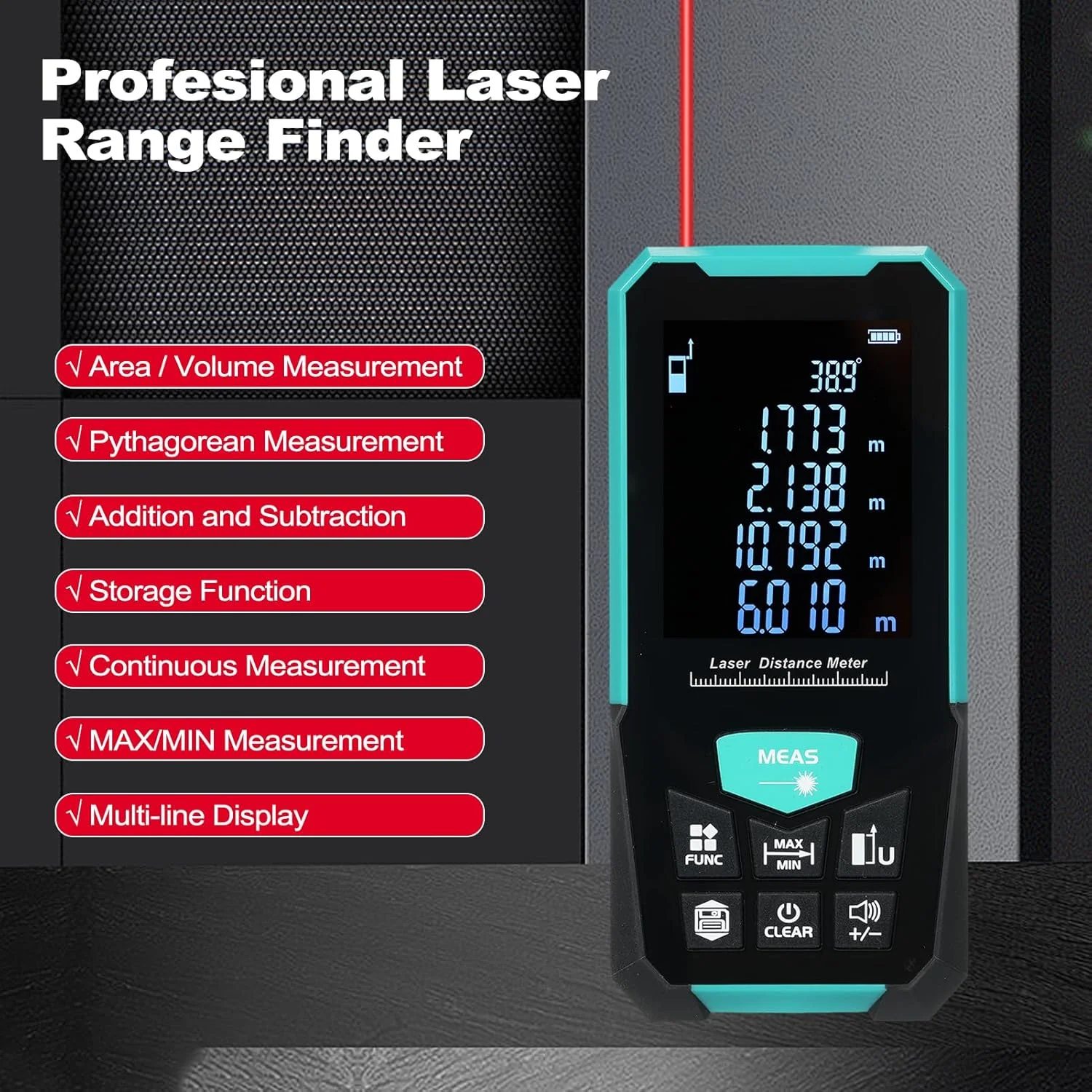 متر لیزری حرفه ای موریلیان 50 متر / 164 فوت، فاصله یاب با حالت های اندازه گیری پیوسته، حجم، مساحت، فیثاغورس، فاصله یاب دیجیتال با شارژ USB متر لیزری حرفه ای موریلیان 50 متر / 164 فوت، فاصله یاب با حالت های اندازه گیری پیوسته، حجم، مساحت، فیثاغورس، فاصله یاب دیجیتال با شارژ USB