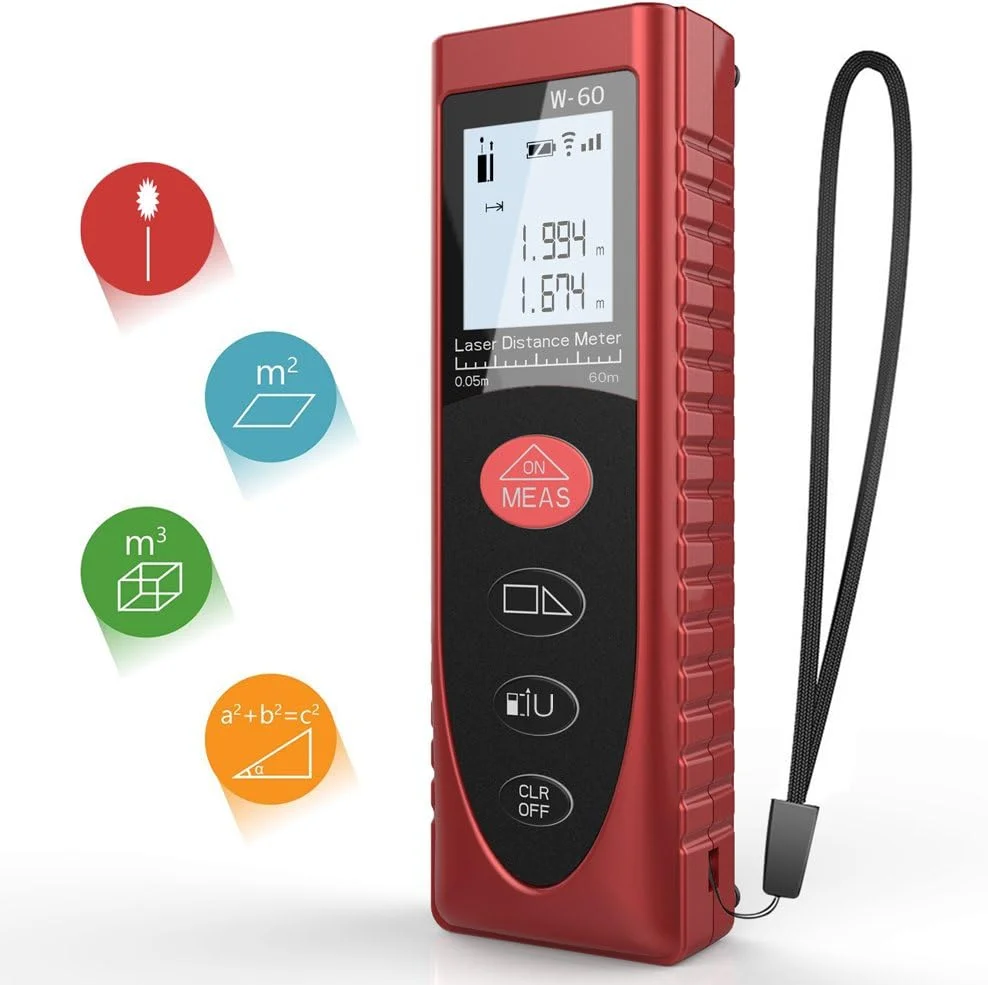 متر لیزری، فاصله سنج لیزری دیجیتال 60 متری، متر خطی قابل حمل با نور پس زمینه LCD برای اندازه گیری فاصله، مساحت، حجم و قضیه فیثاغورس