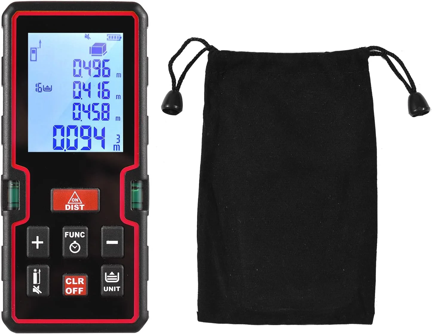 متر لیزری 100 متری OUNA با صفحه نمایش LCD دیجیتال، مسافت یاب مینی لیزری، ابزار اندازه گیری فاصله/مساحت/حجم/فیثاغورث با تراز حبابی دوگانه، تغییر واحد، سوئیچ علامت مبنا، شمارش معکوس، سابقه