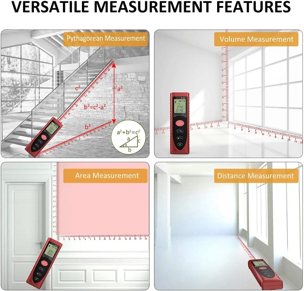 متر لیزری، فاصله سنج لیزری دیجیتال 60 متری، متر خطی قابل حمل با نور پس زمینه LCD برای اندازه گیری فاصله، مساحت، حجم و قضیه فیثاغورس
