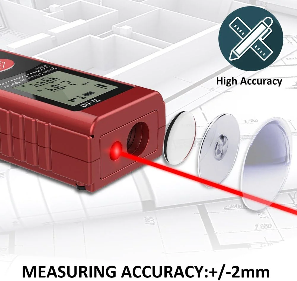 متر لیزری، فاصله سنج لیزری دیجیتال 60 متری، متر خطی قابل حمل با نور پس زمینه LCD برای اندازه گیری فاصله، مساحت، حجم و قضیه فیثاغورس