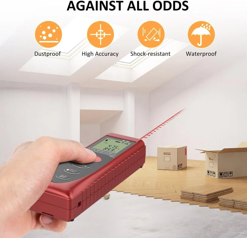 متر لیزری، فاصله سنج لیزری دیجیتال 60 متری، متر خطی قابل حمل با نور پس زمینه LCD برای اندازه گیری فاصله، مساحت، حجم و قضیه فیثاغورس