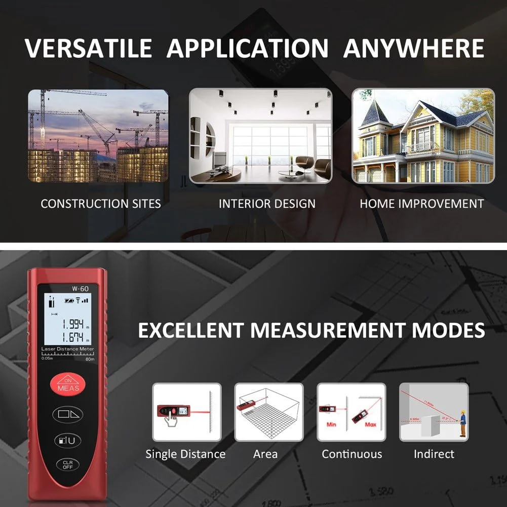 متر لیزری، فاصله سنج لیزری دیجیتال 60 متری، متر خطی قابل حمل با نور پس زمینه LCD برای اندازه گیری فاصله، مساحت، حجم و قضیه فیثاغورس