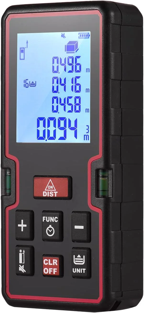 متر لیزری 100 متری OUNA با صفحه نمایش LCD دیجیتال، مسافت یاب مینی لیزری، ابزار اندازه گیری فاصله/مساحت/حجم/فیثاغورث با تراز حبابی دوگانه، تغییر واحد، سوئیچ علامت مبنا، شمارش معکوس، سابقه