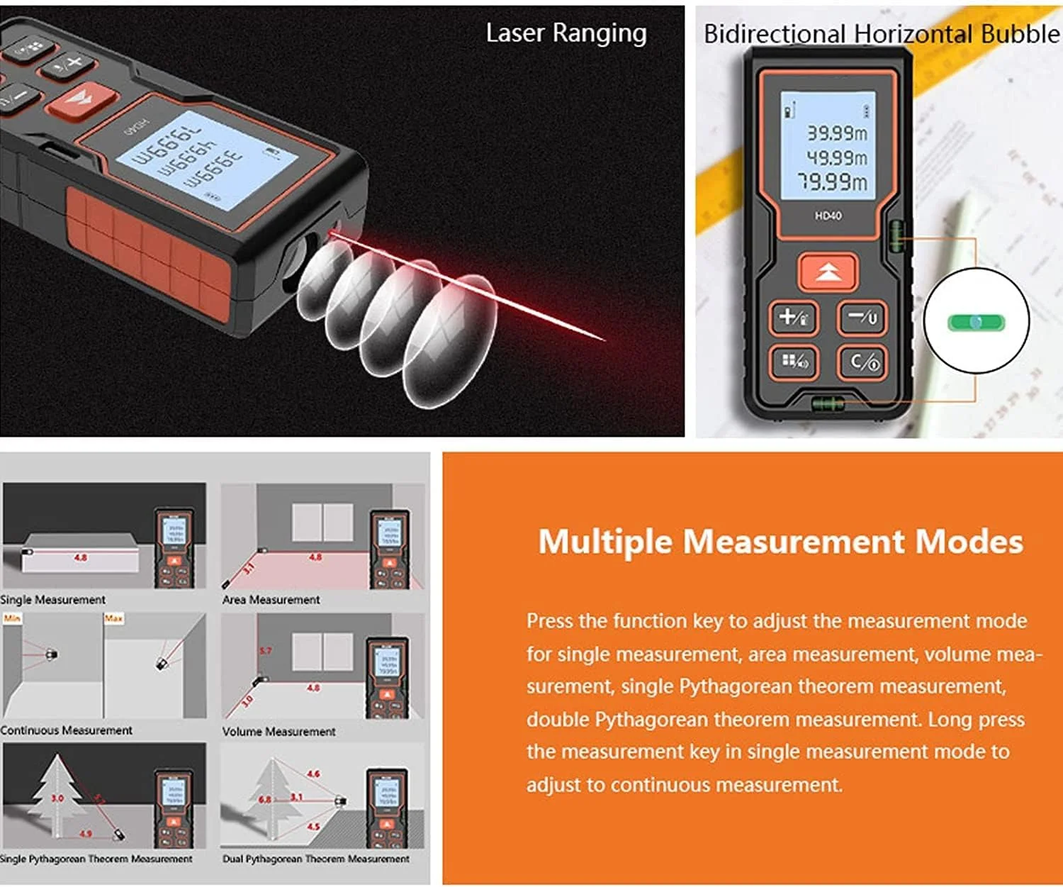 متر لیزری فاصله یاب، متر لیزری اندازه گیری فاصله، 40 متری قابل حمل، ابزار نمایشگر دیجیتال، برای دکوراسیون ساختمانی