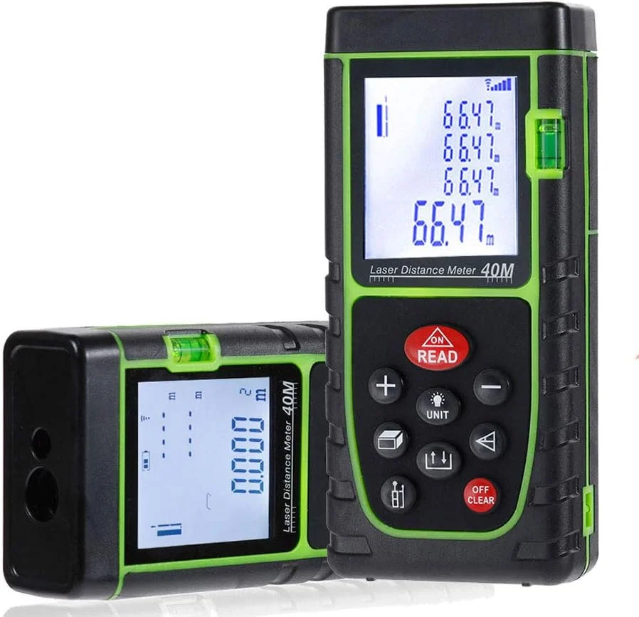 متر لیزری دستی 40 متری ضد آب IP54 با تراز حبابی و باتری، ابزار اندازه گیری دیجیتال برای اندازه گیری مداوم مساحت، حجم و فیثاغورس