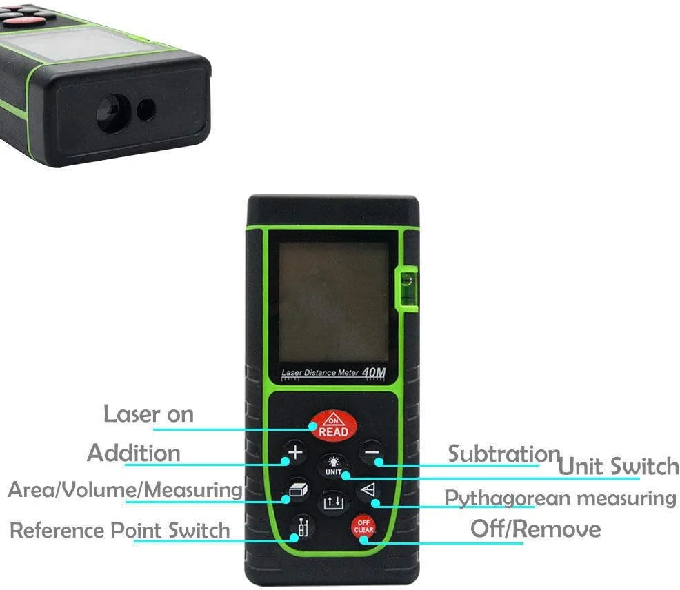 متر لیزری دستی 40 متری ضد آب IP54 با تراز حبابی و باتری، ابزار اندازه گیری دیجیتال برای اندازه گیری مداوم مساحت، حجم و فیثاغورس