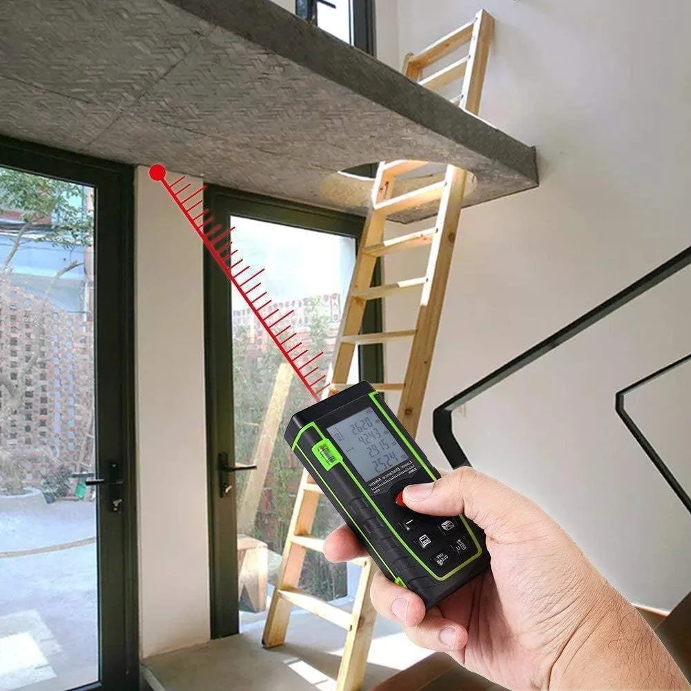 متر لیزری دستی 40 متری ضد آب IP54 با تراز حبابی و باتری، ابزار اندازه گیری دیجیتال برای اندازه گیری مداوم مساحت، حجم و فیثاغورس