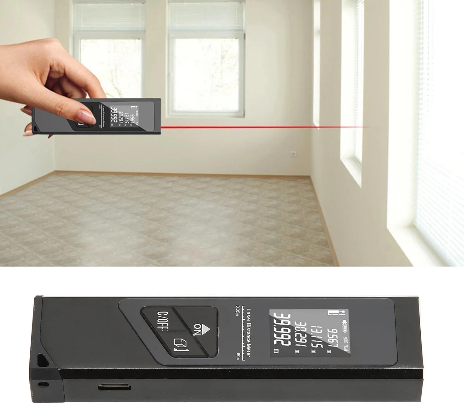 متر لیزری، متر فاصله لیزری با نور پس زمینه LCD، دقت بالا، واحدهای قابل تغییر M Ft in، قابل شارژ USB، برای توابع اندازه گیری مساحت، حجم، فاصله، فیثاغورث