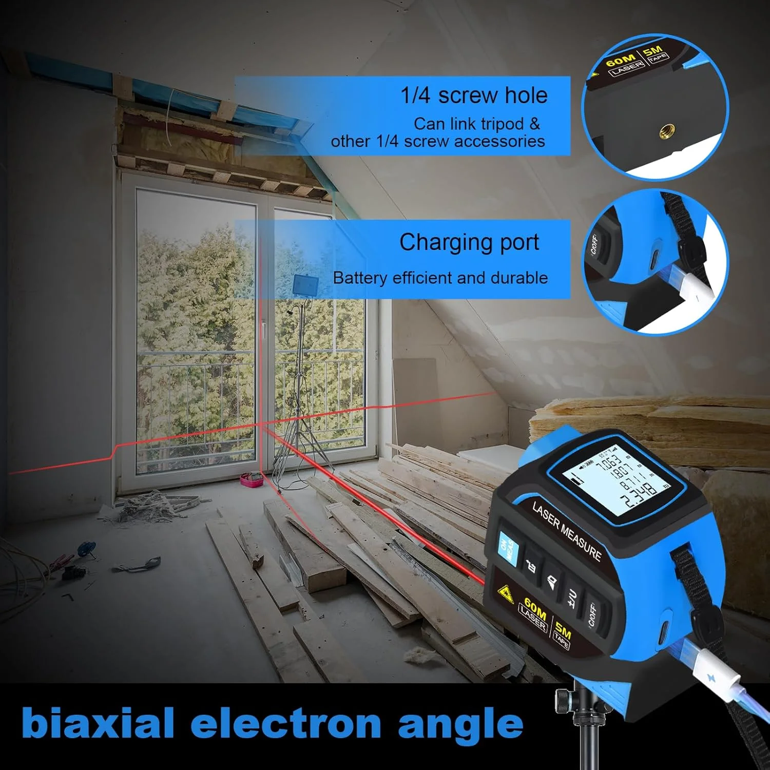 ابزار اندازه گیری لیزری 3 در 1 Menider - LCD دیجیتال و خود قفل شونده، لیزر 60 متری و نوار 5 متری، خط متقاطع و زاویه دو محوره، قابل شارژ برای حرفه ای ها