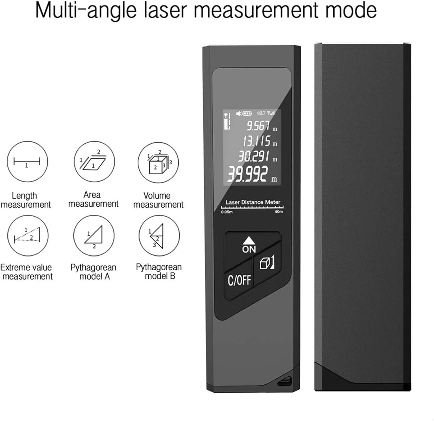متر لیزری، متر فاصله لیزری با نور پس زمینه LCD، دقت بالا، واحدهای قابل تغییر M Ft in، قابل شارژ USB، برای توابع اندازه گیری مساحت، حجم، فاصله، فیثاغورث