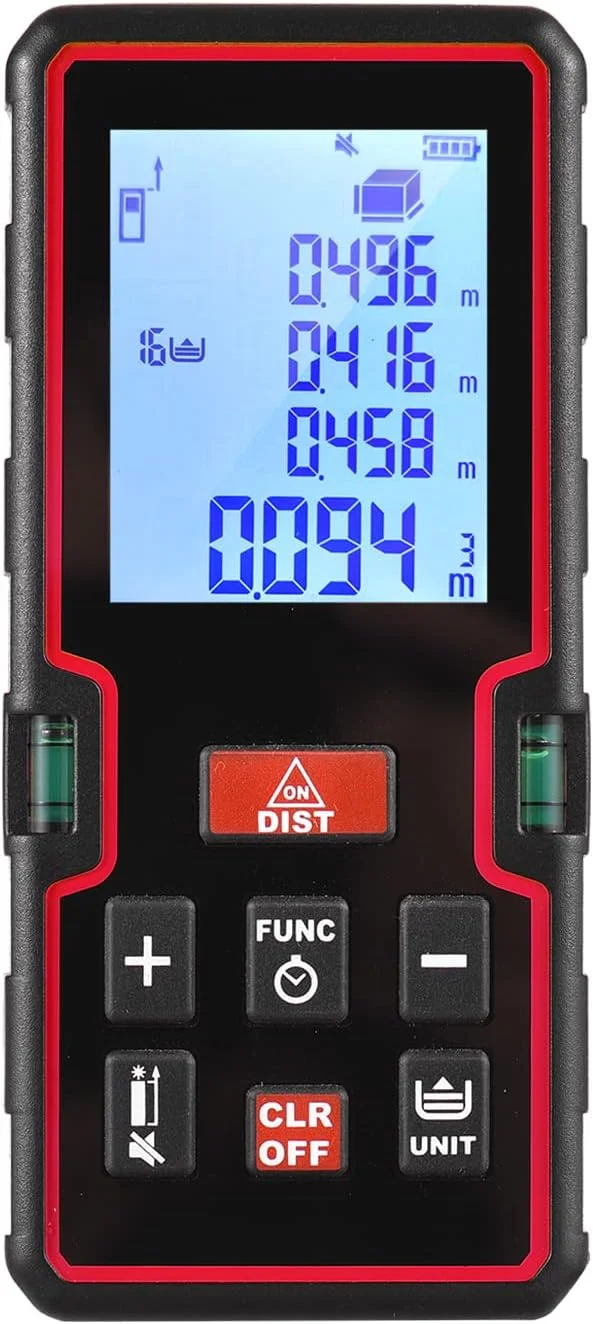 متر لیزری 100 متری Irovami با صفحه نمایش LCD، ابزار اندازه گیری فاصله/مساحت/حجم/فیثاغورث مینی با تراز حبابی دوگانه، تغییر واحد، سوئیچ علامت مبنا، شمارش معکوس، سابقه