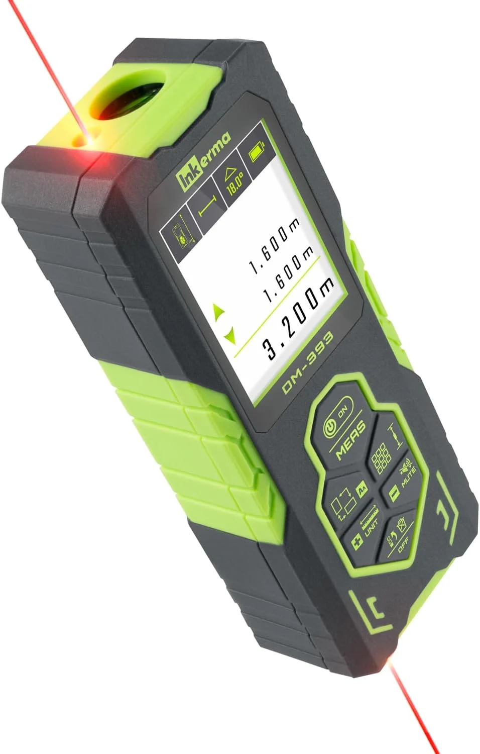 ابزار اندازه گیری لیزری، متر فاصله لیزری دو طرفه Inkerma، اندازه گیری لیزری قابل شارژ با صفحه نمایش LCD رنگی با نور پس زمینه، سنسور زاویه، حالت فیثاغورس، مساحت و حجم
