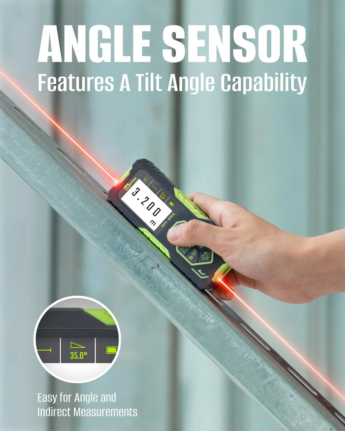 ابزار اندازه گیری لیزری، متر فاصله لیزری دو طرفه Inkerma، اندازه گیری لیزری قابل شارژ با صفحه نمایش LCD رنگی با نور پس زمینه، سنسور زاویه، حالت فیثاغورس، مساحت و حجم ابزار اندازه گیری لیزری، متر فاصله لیزری دو طرفه Inkerma، اندازه گیری لیزری قابل شارژ با صفحه نمایش LCD رنگی با نور پس زمینه، سنسور زاویه، حالت فیثاغورس، مساحت و حجم