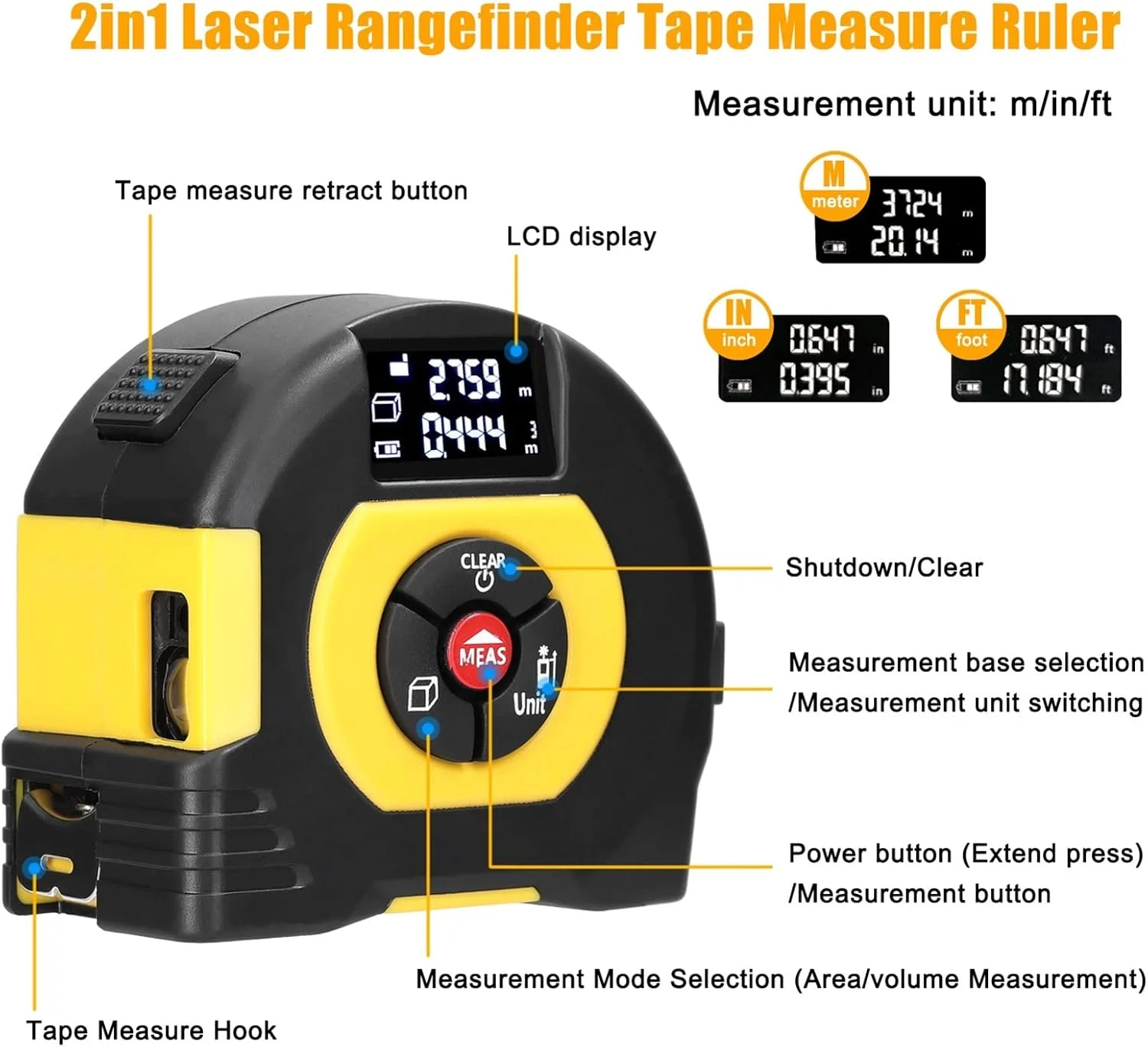 ارتفاع سنج دیجیتال WAYOM، فاصله یاب لیزری، متر نواری، دستگاه اندازه گیری فاصله، تجهیزات نقشه برداری مساحت و حجم (رنگ: محدوده اندازه گیری 60 متر)