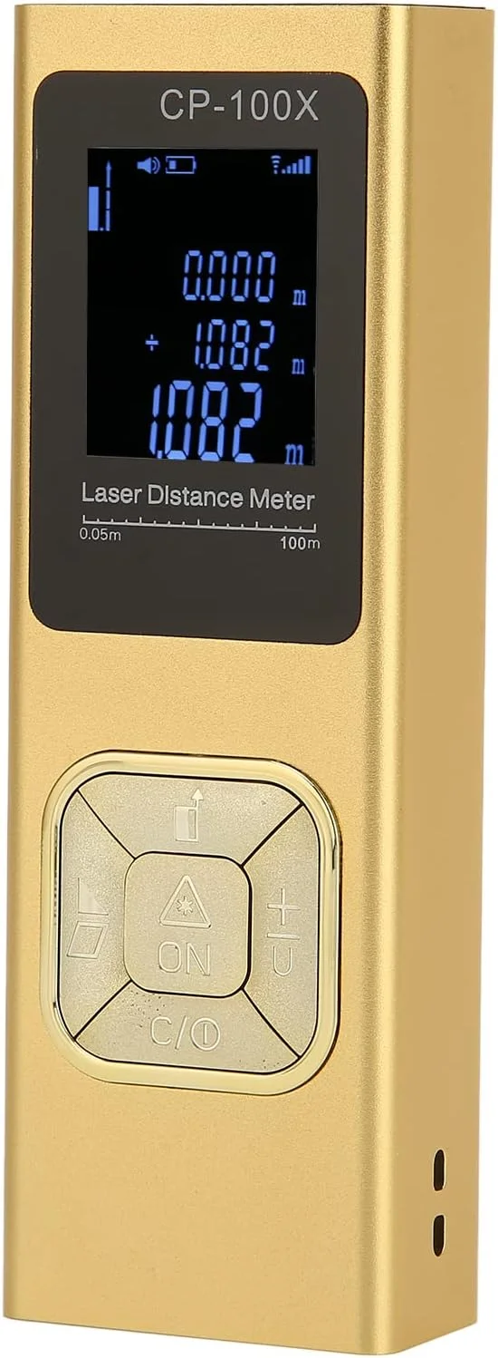 متر لیزری با اندازه گیری در زمان واقعی، تغییر واحد M/in/Ft، LCD با نور پس زمینه و حالت فیثاغورث، اندازه گیری فاصله، مساحت، حجم، متر لیزری با زاویه دیجیتال