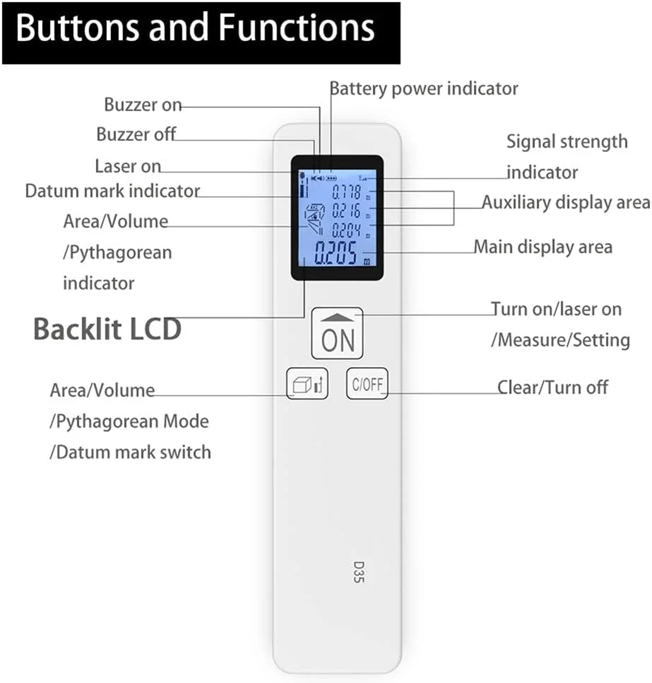 متر لیزری 35 متری دیجیتال LCD، مینی جیبی، یابنده محدوده، ابزار اندازه گیری فاصله/مساحت/حجم/فیثاغورث، تغییر واحد، سوئیچ علامت مبنا متر لیزری 35 متری دیجیتال LCD، مینی جیبی، یابنده محدوده، ابزار اندازه گیری فاصله/مساحت/حجم/فیثاغورث، تغییر واحد، سوئیچ علامت مبنا