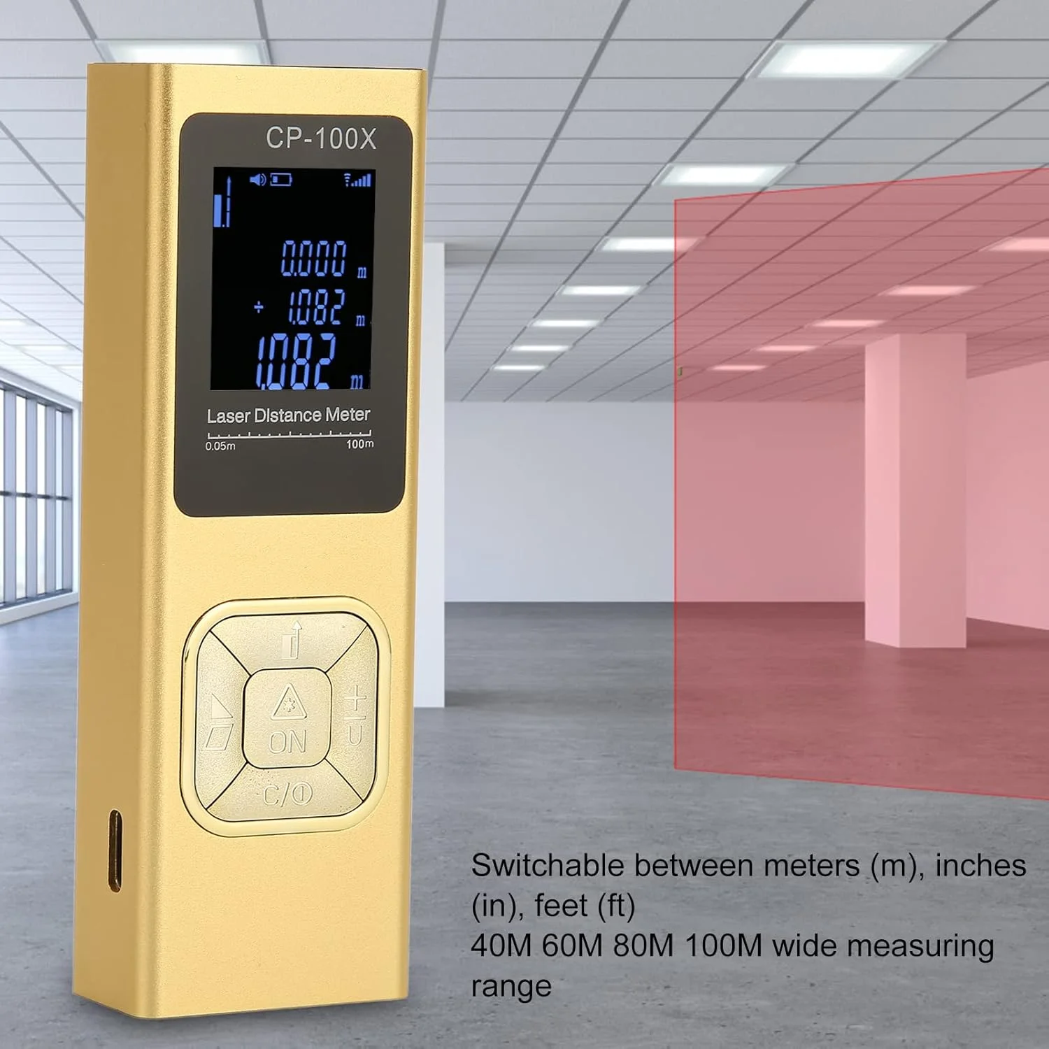 متر لیزری با اندازه گیری در زمان واقعی، تغییر واحد M/in/Ft، LCD با نور پس زمینه و حالت فیثاغورث، اندازه گیری فاصله، مساحت، حجم، متر لیزری با زاویه دیجیتال