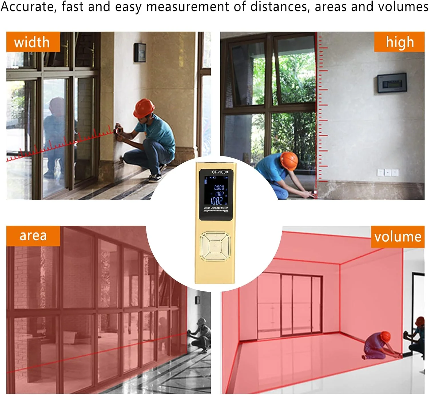 متر لیزری با اندازه گیری در زمان واقعی، تغییر واحد M/in/Ft، LCD با نور پس زمینه و حالت فیثاغورث، اندازه گیری فاصله، مساحت، حجم، متر لیزری با زاویه دیجیتال