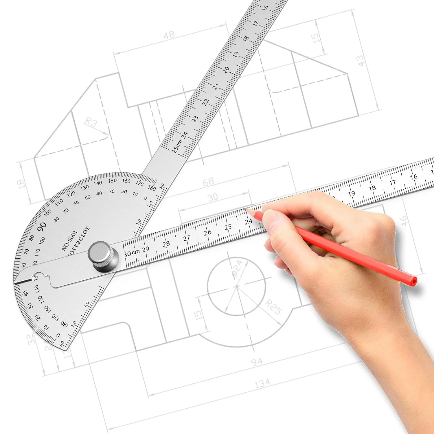 نقاله استیل ضد زنگ ForoGore 180 درجه با دو بازو، خط کش زاویه قابل تنظیم، ابزار اندازه گیری زاویه نجاری (30 سانتی متر / 11.8 اینچ)