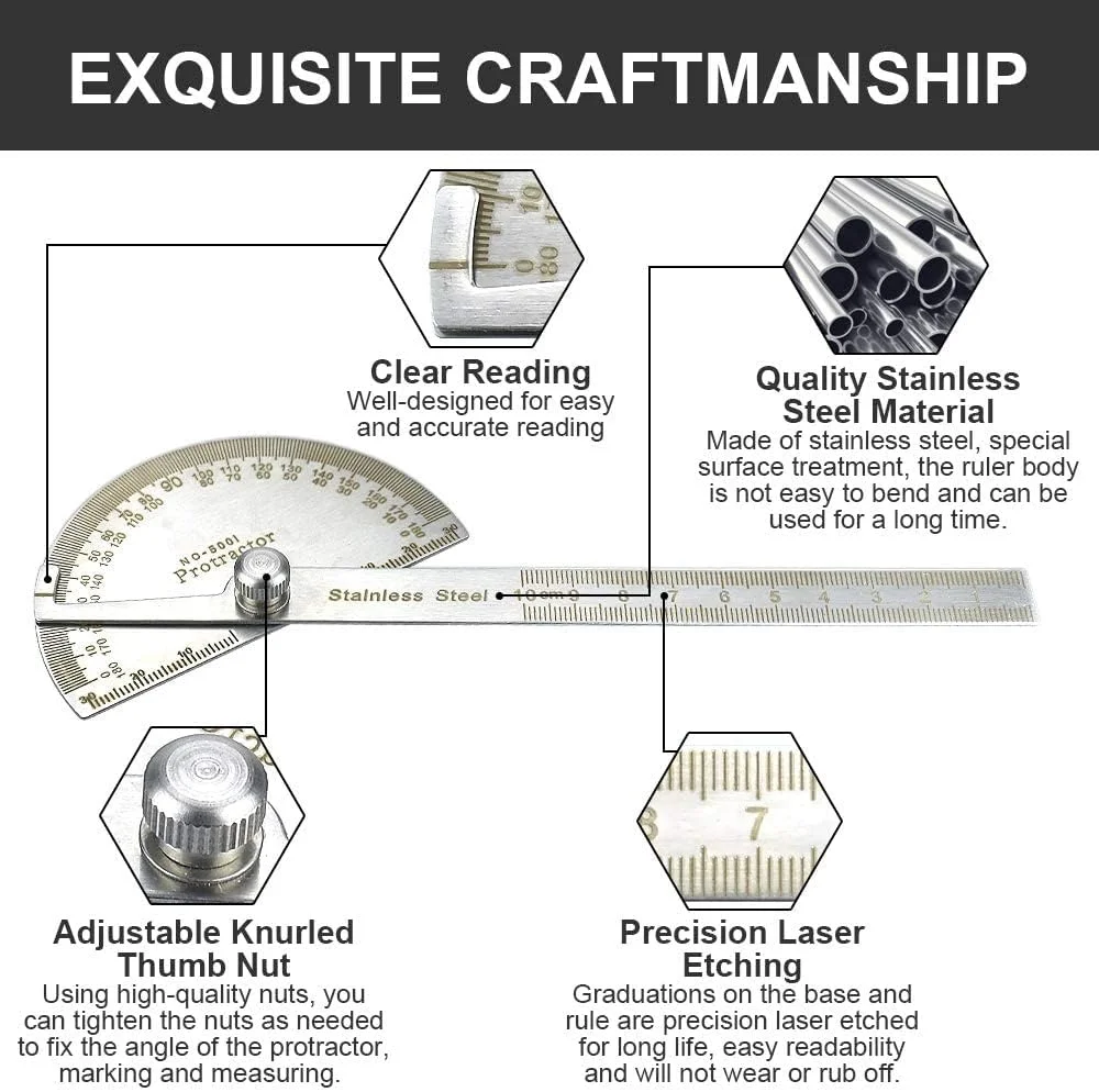نقاله زاویه یاب KASTWAVE، نقاله استیل ضد زنگ 180 درجه، ابزار زاویه یاب گونیومتر جهانی برای نجاری، نقاشی، طراحی و اندازه گیری (10 سانتی متر)