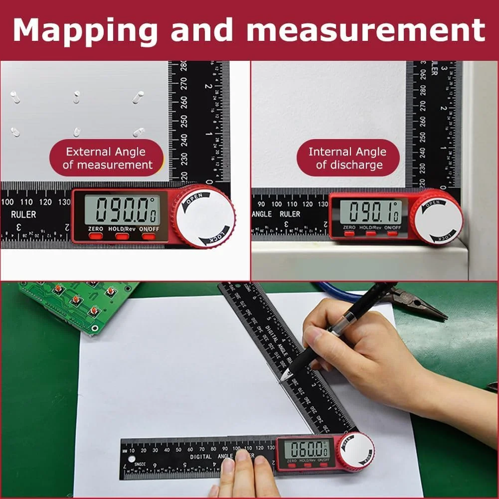 زاویه یاب دیجیتال BIGTHREE، خط کش 200 میلی متری LCD با اندازه گیری دقیق، برای نجاری، ساخت و ساز و DIY، شیب سنج، زاویه سنج و ابزار اندازه گیری زاویه الکترونیکی