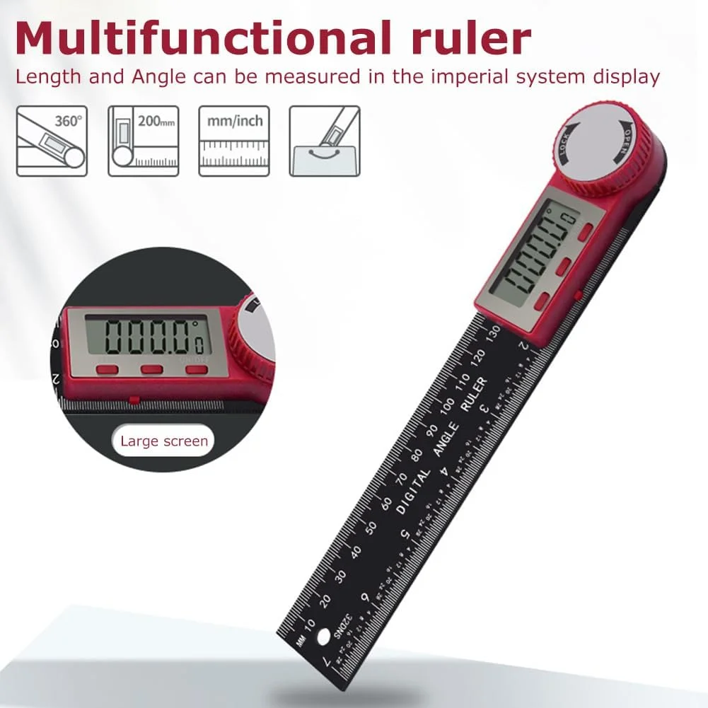 زاویه یاب دیجیتال، خط کش 7 اینچی/200 میلی متری با صفحه نمایش LCD، شیب سنج 360 درجه برای نجاری، ساخت و ساز و تعمیر (قرمز)