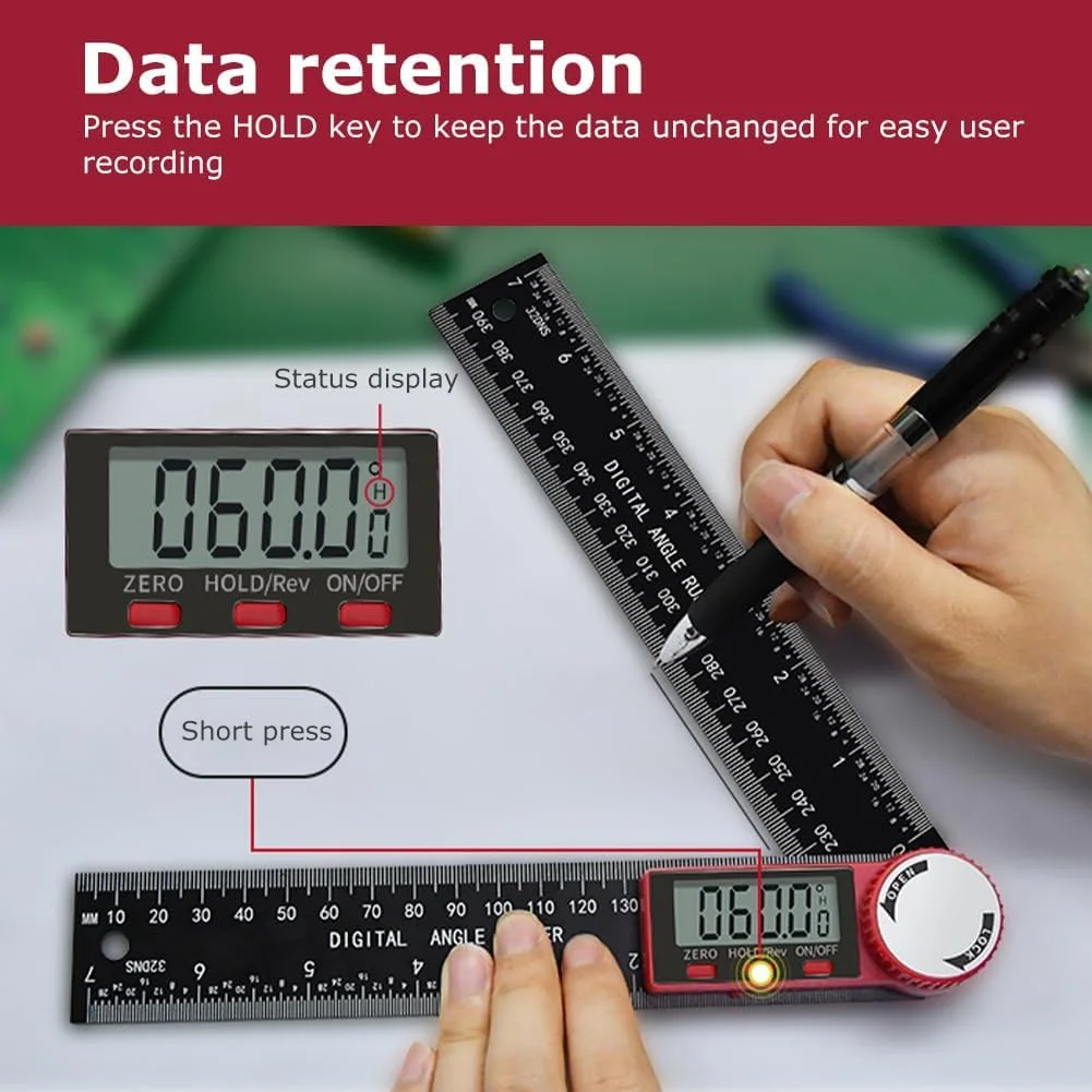 زاویه یاب دیجیتال BIGTHREE، خط کش 200 میلی متری LCD با اندازه گیری دقیق، برای نجاری، ساخت و ساز و DIY، شیب سنج، زاویه سنج و ابزار اندازه گیری زاویه الکترونیکی