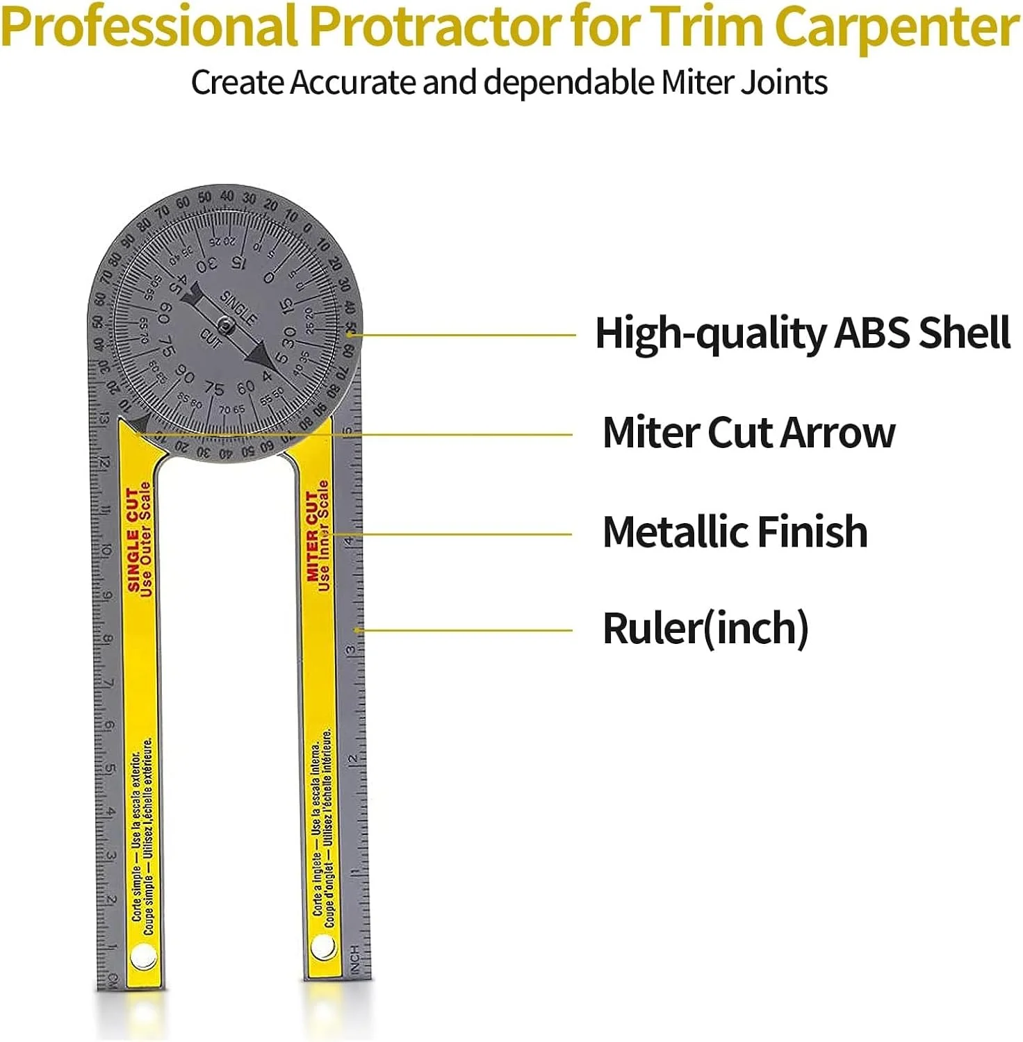 ابزار زاویه یاب و نقاله اره فارسی بر اکسفور - فلزی آلومینیومی 7.3 اینچی حرفه ای برای گوشه های داخلی/خارجی، قرنیز، نجاری، لوله کشی (زرد)