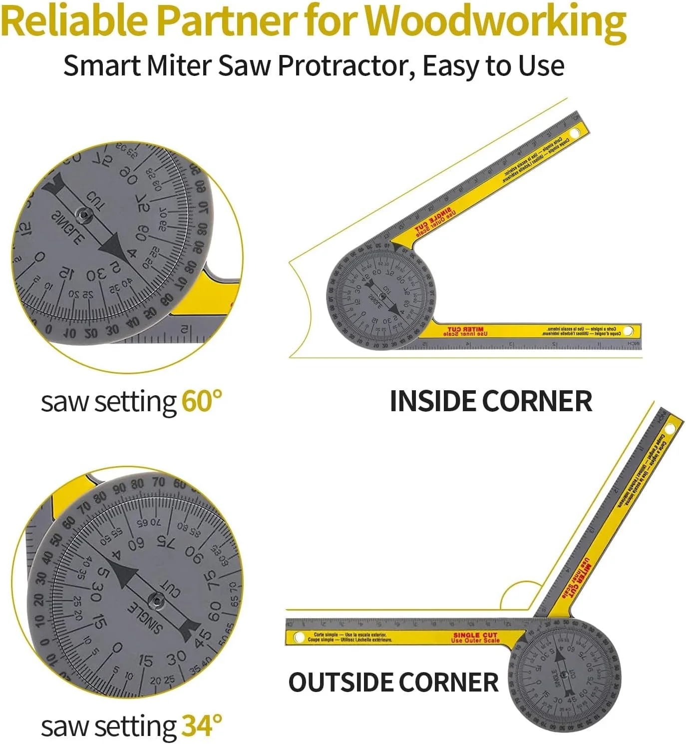 ابزار زاویه یاب و نقاله اره فارسی بر اکسفور - فلزی آلومینیومی 7.3 اینچی حرفه ای برای گوشه های داخلی/خارجی، قرنیز، نجاری، لوله کشی (زرد)