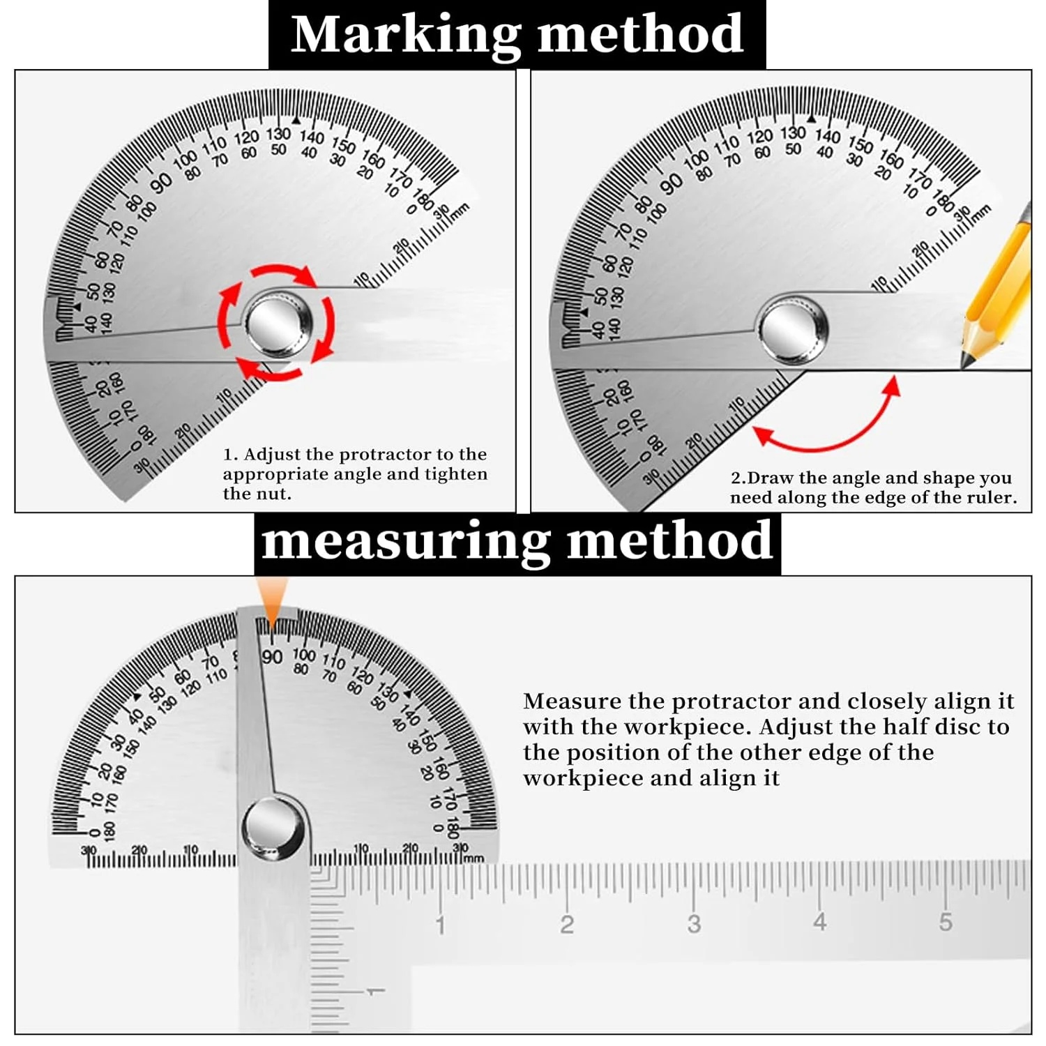 گونیا و خط کش زاویه یاب 2 در 1 نالاینا، گونیا استیل ضد زنگ، ابزار اندازه گیری زاویه برای نجاری، نقاشی، طراحی، اندازه گیری، زاویه سنج جهانی
