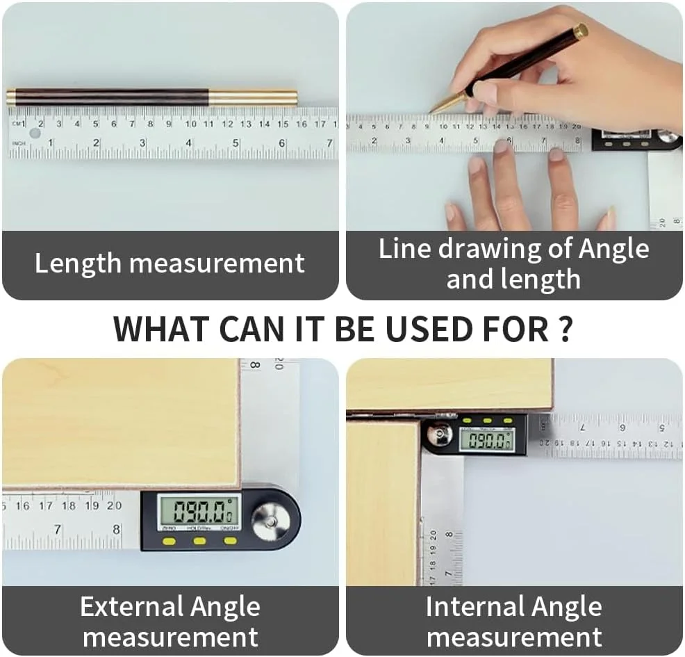 زاویه یاب دیجیتال KASTWAVE، طول 200 میلی متر، صفحه نمایش LCD، آشکارساز زاویه نجاری استیل ضد زنگ، Hold/Rev، میلی متر/اینچ برای ساخت و ساز