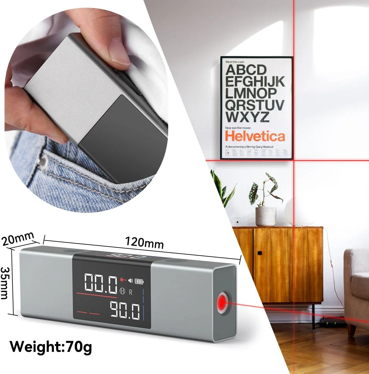 زاویه سنج لیزری قابل حمل 2 در 1، ابزار اندازه گیری زاویه، شارژ Type-C