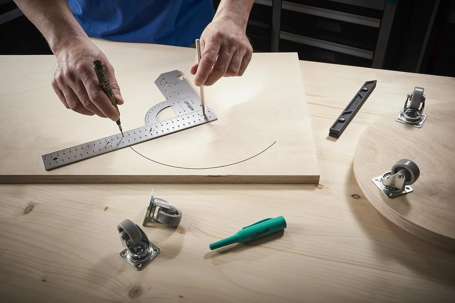 گونیا یونیورسال Wolfcraft 5205000 / نقاله با طول ضلع 300 میلی متر برای علامت گذاری و ترسیم دقیق با گونیای 90 درجه و ریل زاویه قابل جابجایی