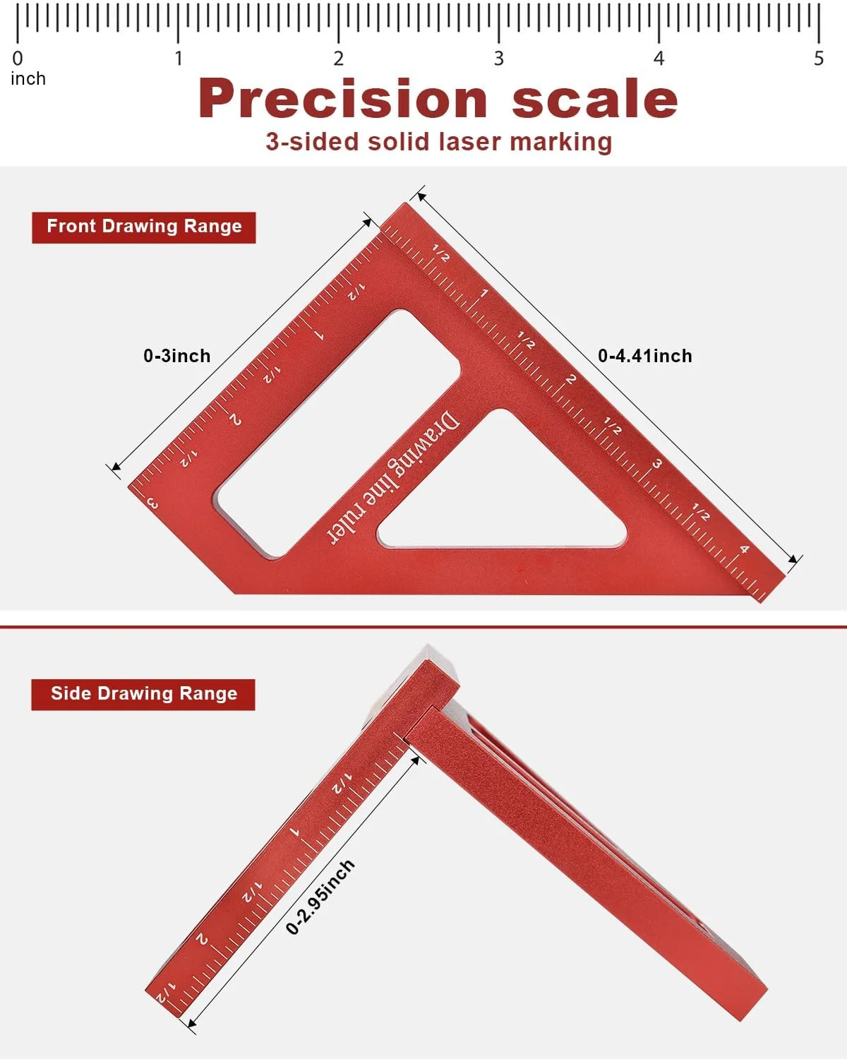 خط کش اندازه گیری چند زاویه ای سه بعدی آزونی - نقاله مربع خط کش مثلثی 45/90 درجه، ابزار اندازه گیری مثلث میتر برای مهندس نجار ابزار نجاری آلیاژ آلومینیوم (قرمز)