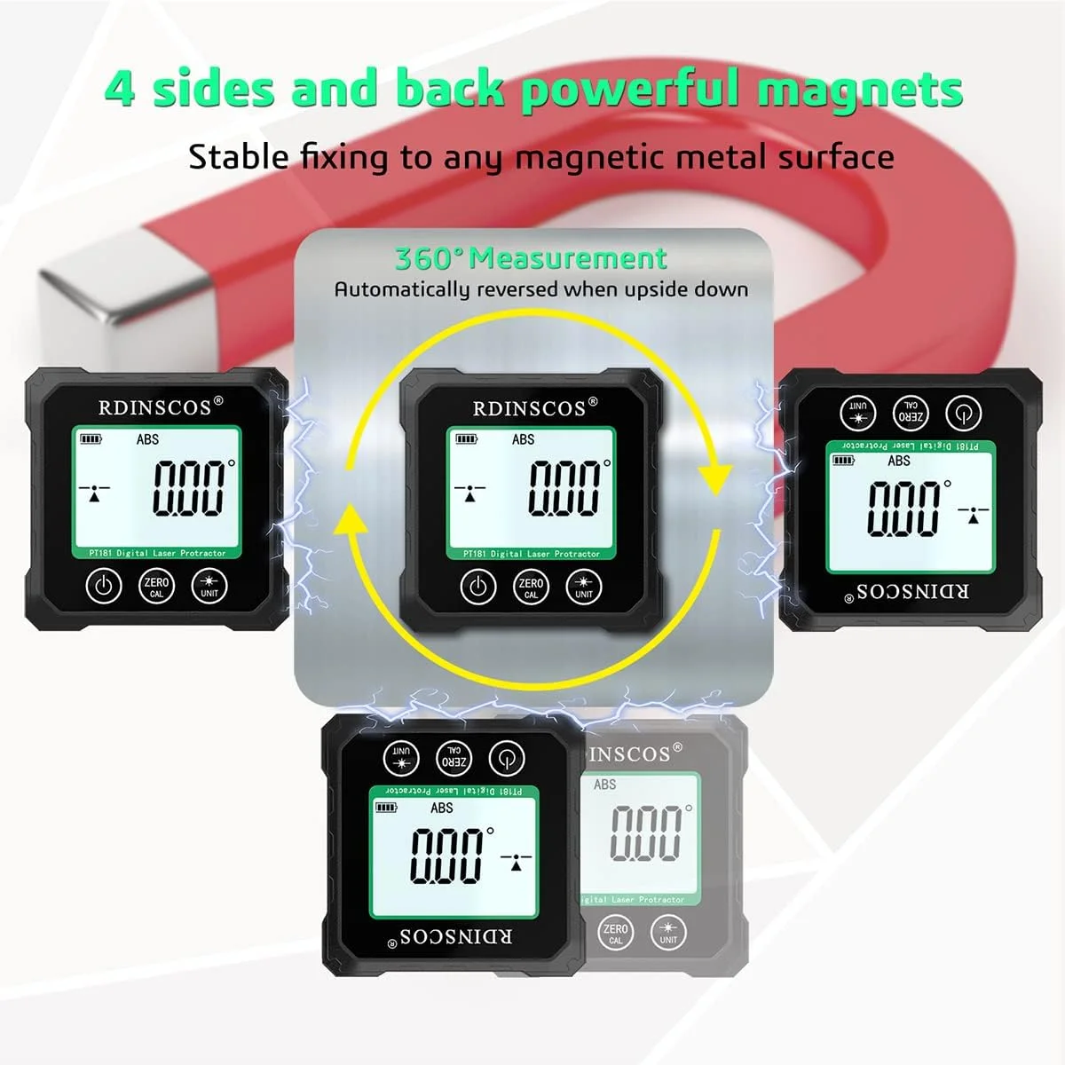 شیب سنج مغناطیسی قابل شارژ، جعبه تراز مغناطیسی قوی 4 طرفه با نور پس زمینه LCD، زاویه سنج برای نجاری، اره میزی، ساخت و ساز و ماشین آلات (PT181)