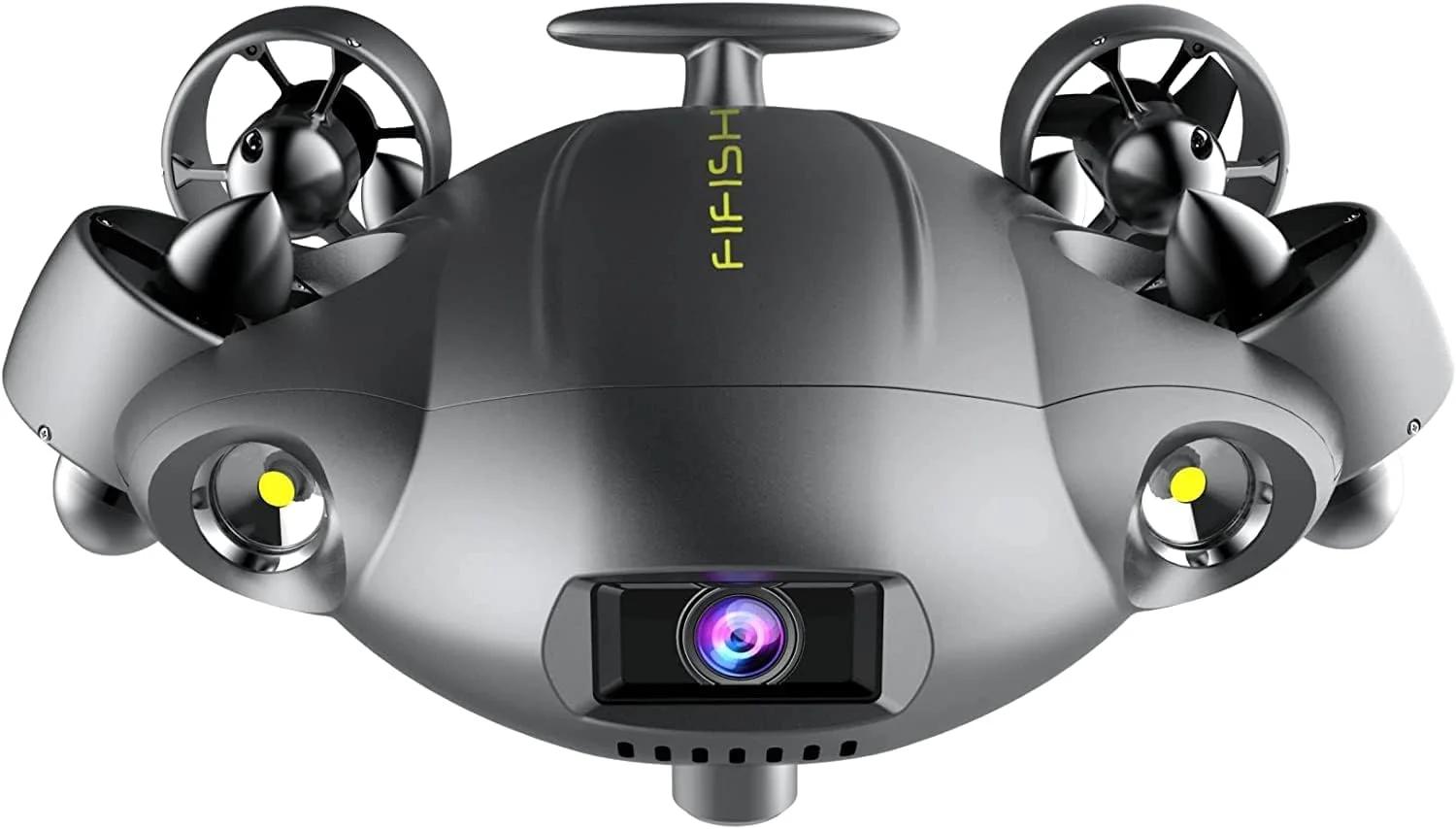 کیویسا FIFISH V6 Expert (V6E M100) پهپاد زیرآبی ROV با ردیابی VR بلادرنگ، LED 6000 لومن، دوربین 4K UHD، چرخش 360 درجه واقعی، کابل 100 متری، قرقره دستی، جعبه EPP