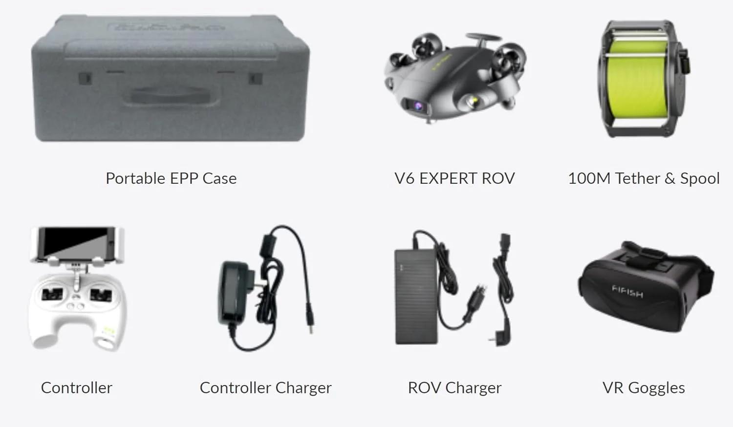 کیویسا FIFISH V6 Expert (V6E M100) پهپاد زیرآبی ROV با ردیابی VR بلادرنگ، LED 6000 لومن، دوربین 4K UHD، چرخش 360 درجه واقعی، کابل 100 متری، قرقره دستی، جعبه EPP