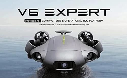 کیویسا FIFISH V6 Expert (V6E M100) پهپاد زیرآبی ROV با ردیابی VR بلادرنگ، LED 6000 لومن، دوربین 4K UHD، چرخش 360 درجه واقعی، کابل 100 متری، قرقره دستی، جعبه EPP