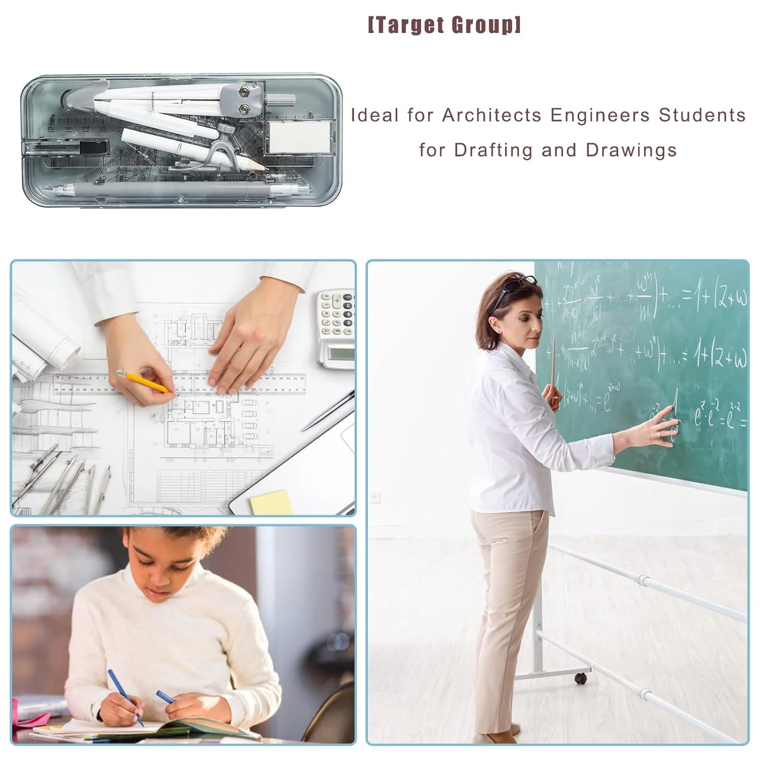 ست خط کش و پرگار KASTWAVE، شامل خط کش، گونیا، نقاله نیم دایره، مداد، ایده آل برای مطالعه، طراحی و اندازه گیری (9 تکه، مشکی)