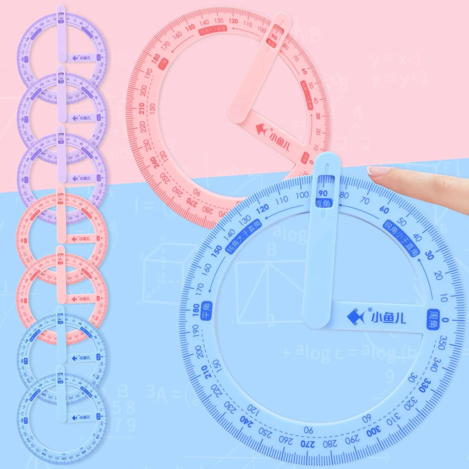 مجموعه 9 عددی نقاله پلاستیکی 360 درجه، شابلون های طراحی نقاله، مجموعه نقاله صورتی آبی بنفش با بازوی متحرک برای اندازه گیری زاویه هندسه، لوازم اداری دانش آموز معلم ریاضی