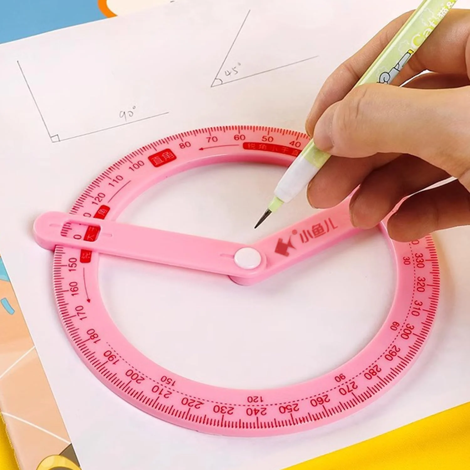 مجموعه 9 عددی نقاله پلاستیکی 360 درجه، شابلون های طراحی نقاله، مجموعه نقاله صورتی آبی بنفش با بازوی متحرک برای اندازه گیری زاویه هندسه، لوازم اداری دانش آموز معلم ریاضی