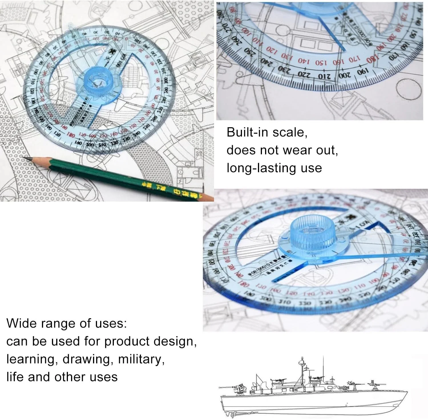گونیا زاویه یاب دایره کامل LUORNG، 2 عددی، با پین نشانگر چرخان، نشانگر چرخان 360 درجه، پلاستیکی حکاکی شده، مناسب برای یادگیری، طراحی و مصارف نظامی