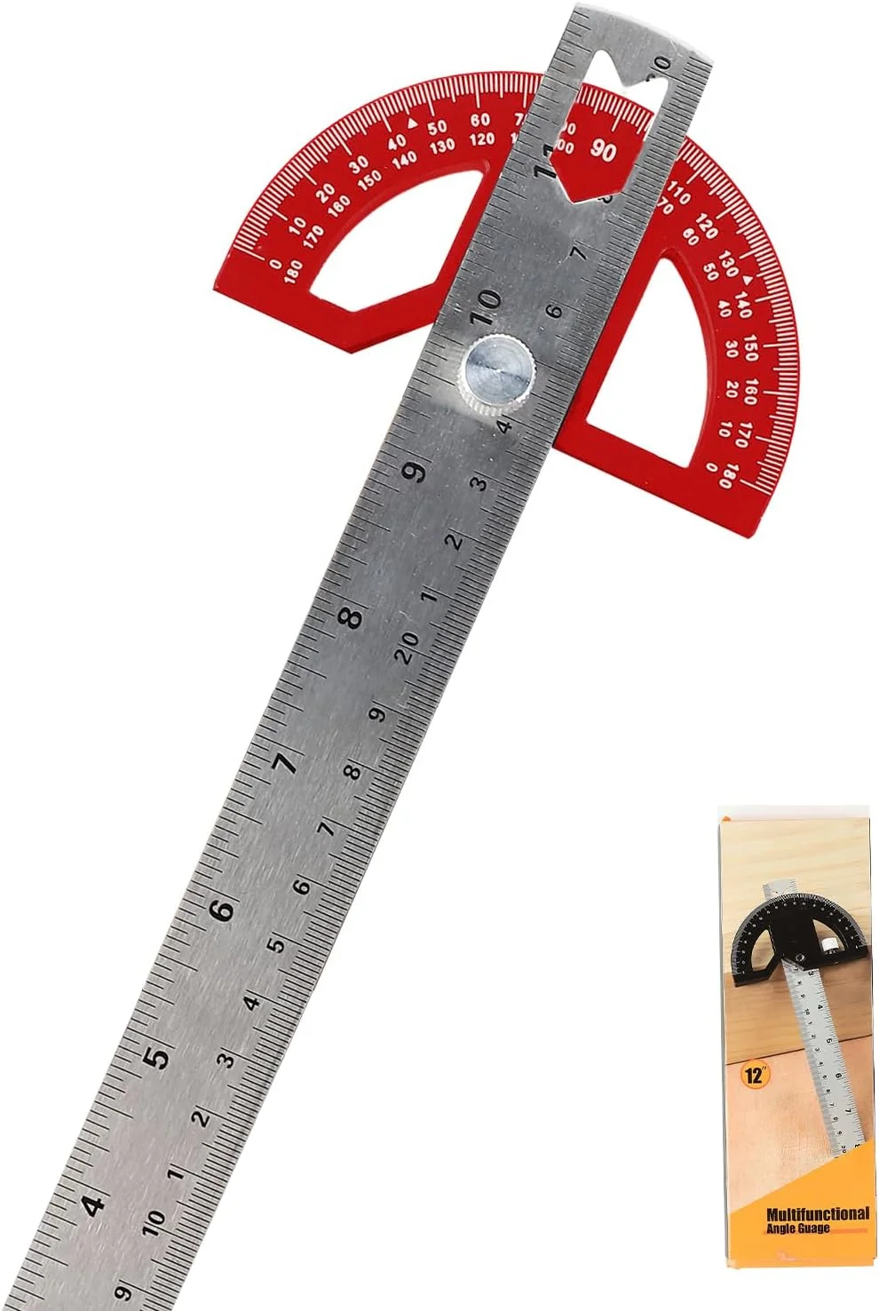 نقاله، نقاله فلزی، زاویه سنج ترکیبی جهانی با خط کش برای علامت گذاری دقیق، طراحی، برای مدرسه، نجاری، نقاشی DIY، طراحی، علامت گذاری، قرمز، 30 سانتی متر